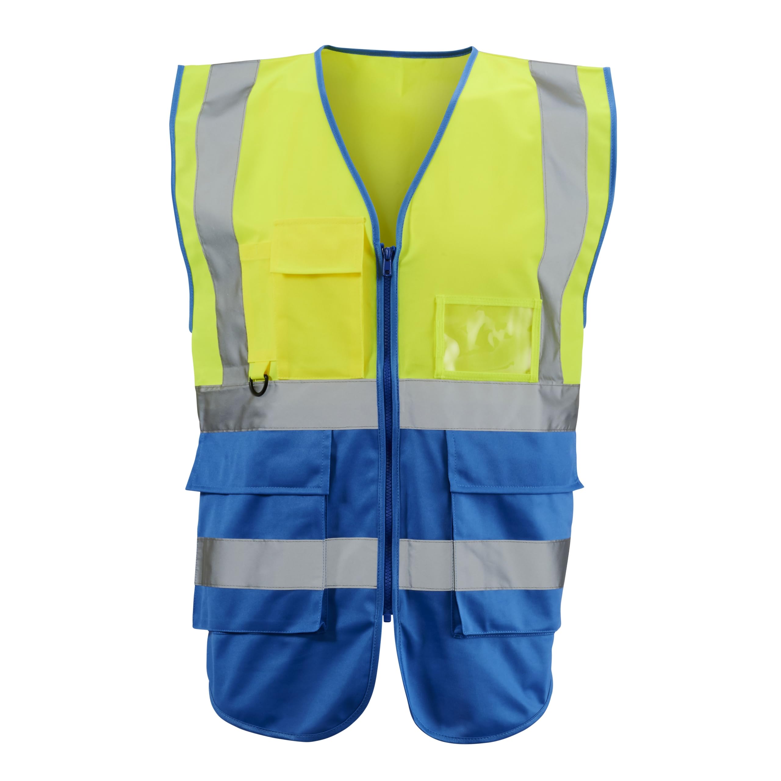 Expert Workwear Hi Vis Viz Zipped Executive Vest High Visibility Two Tone Reflective Safety Waistcoat Jacket Mobile Phone Pocket & ID Holder (UK, Alpha, L, Regular, Regular, Yellow/Blue)