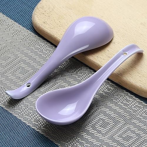 Miniatura 6 de YFWOOD - Cucharas de sopa asiáticas  Cuchara de cerámica para ramen de 6.75 pulgadas, cucharas de sopa chinas moradas, con diseño de gancho ovalado