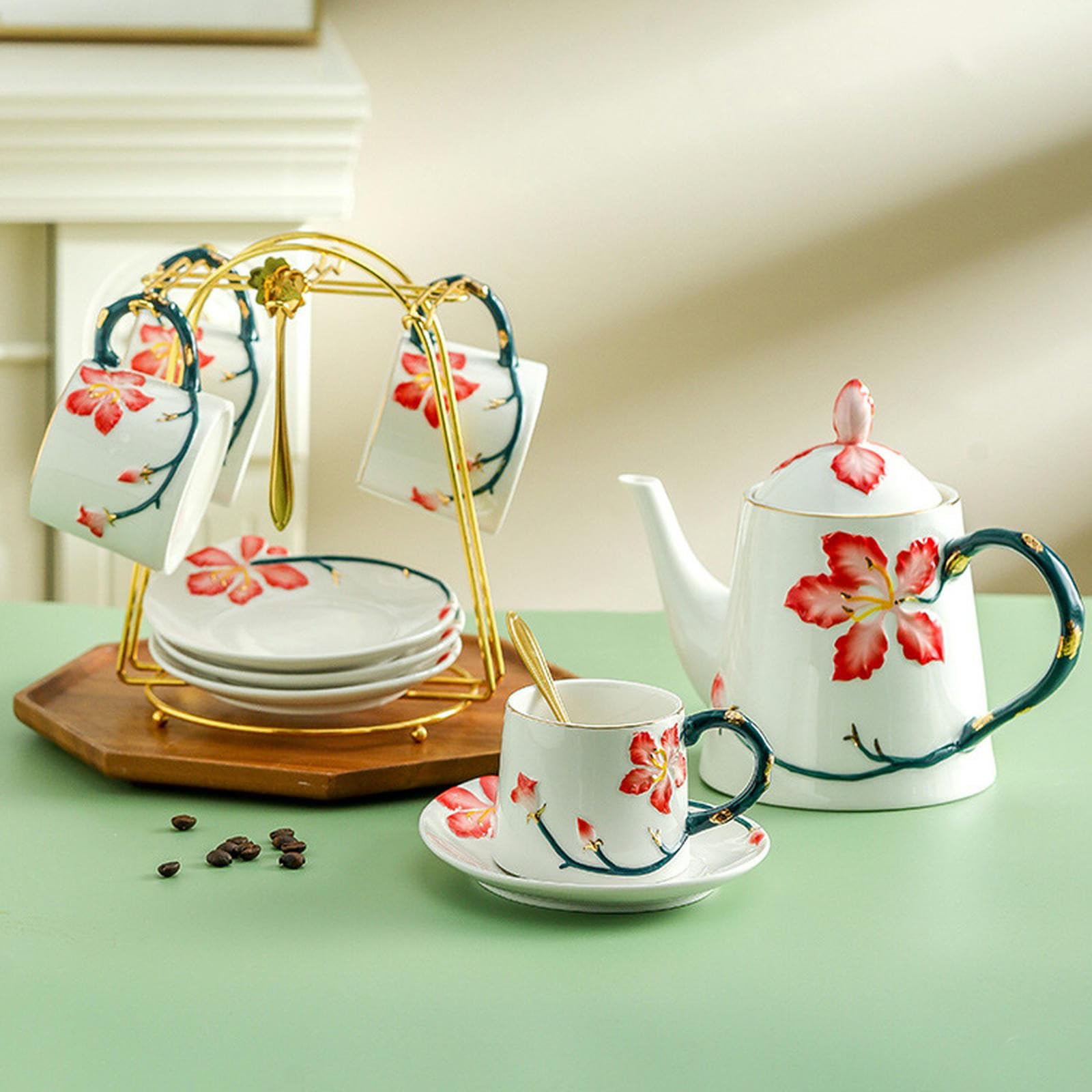 200ml/7oz Kreatives und exquisites Relief lila Gold Blume Keramik Kaffee Set, Büro und Haushalt Floral Tee Set, Tasse und Teller Set-4 Tassen und Teller+Topf+Eisenrahmen-201-300ml