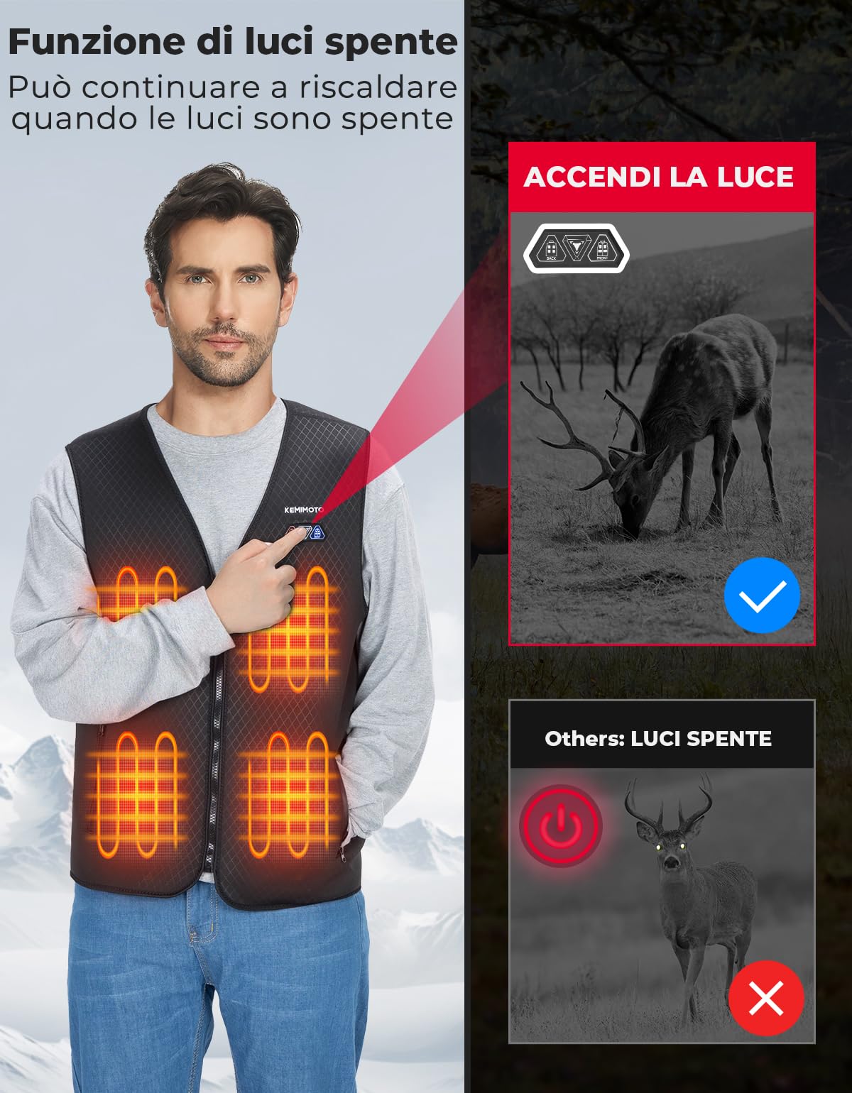 KEMIMOTO Gilet Riscaldato per Uomo Donna, Elettrico Gilet Riscaldato con USB, Giubbotti Riscaldati a Batteria Doppi Controlle per all’aperto Lavoro Sci Escursionismo Caccia Moto