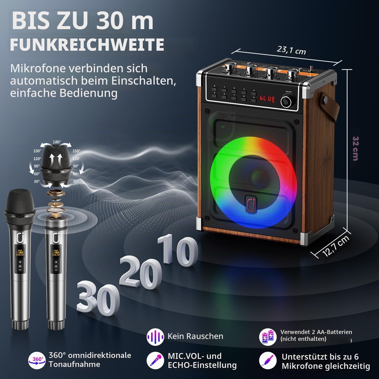 JYX Karaoke Maschine mit 2 UHF-Funkmikrofonen, Bluetooth-Lautsprecher, PA-System, TWS, AUX, FM, LED-Licht