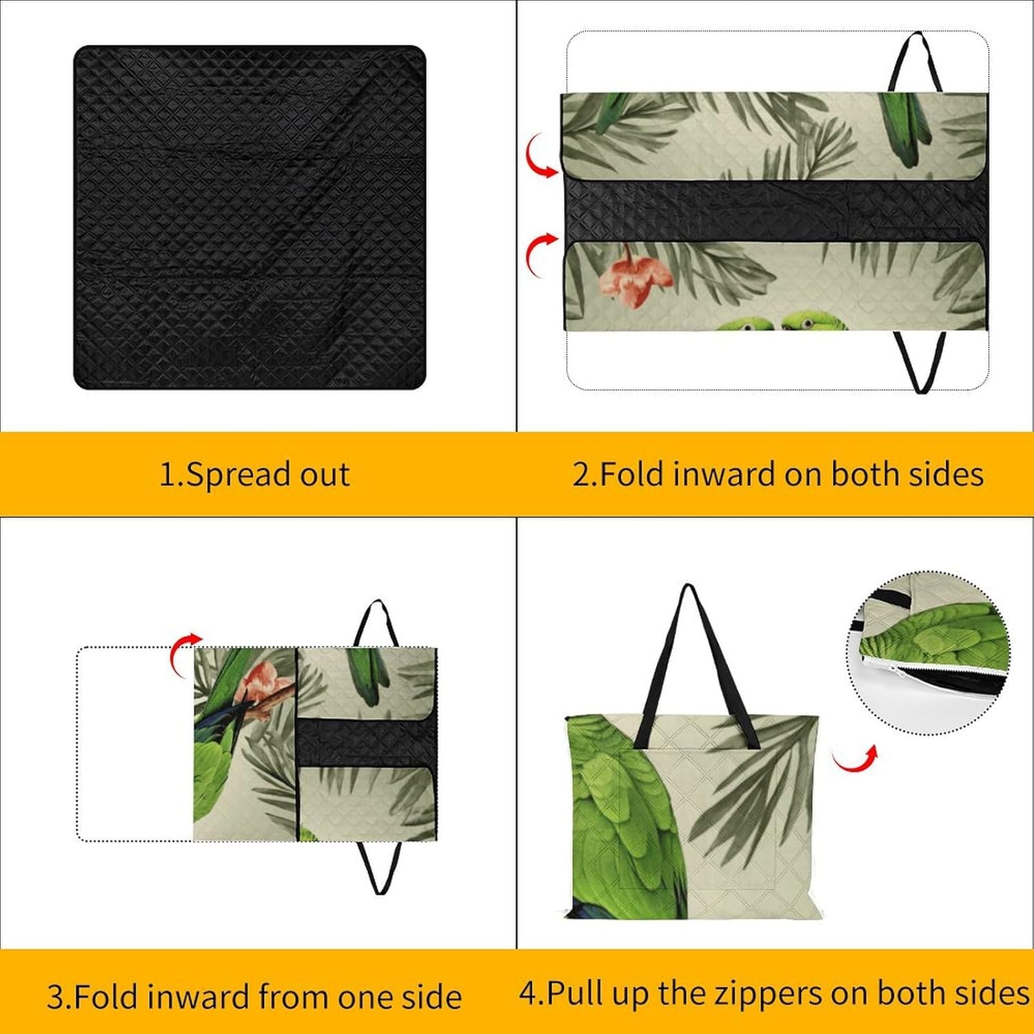 Couple Parrots Olive Picnic Blanket with Zipper Water Resistant Sand Free Picnic Mat Washable Foldable Easy Carry Beach Blanket for Lawn Beach Hiking Camping