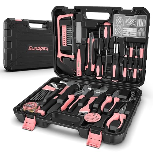 Sundpey Werkzeugkoffer Gefüllt 148tlg - Haushalts-Werkzeugkasten mit Ratschenschraubendreher, Sechskantschlüssel, Zangen & Spannungsprüfer für Männer und Frauen Rosa - 148pcs - Rosa