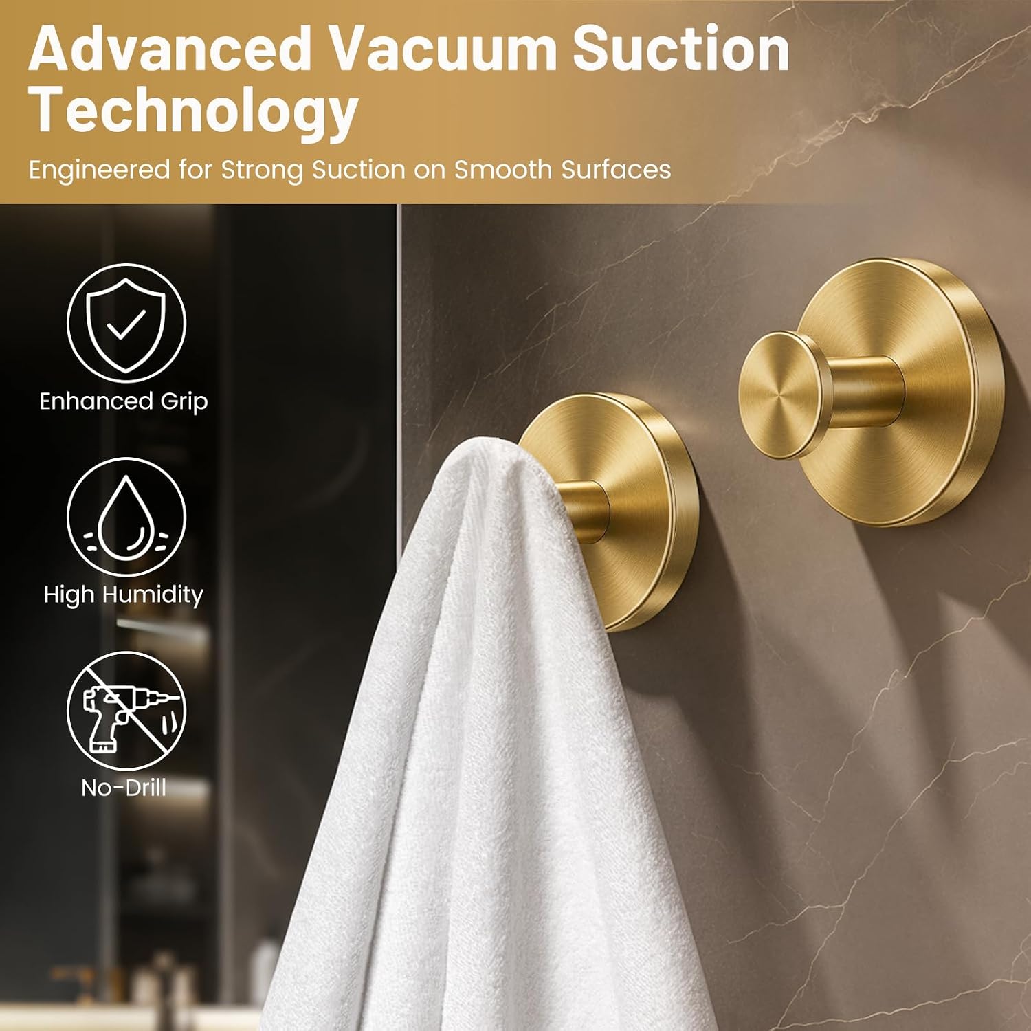 Upgraded Suction Cup Hooks for Shower, No-Drill Bathroom Hooks for Hanging Towels, Robes & Loofah - Mount on Kitchen Walls, Window, Glass, Mirror, Tile & Smooth Surfaces (2 Pack, Gold Tone)