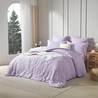 Luowei Juego de ropa de cama de 135 x 200 cm, de color lila, de verano, transpirable, reversible, reversible, a rayas, funda nórdica de 135 x 200 cm y funda de almohada de 80 x 80 cm con cremallera