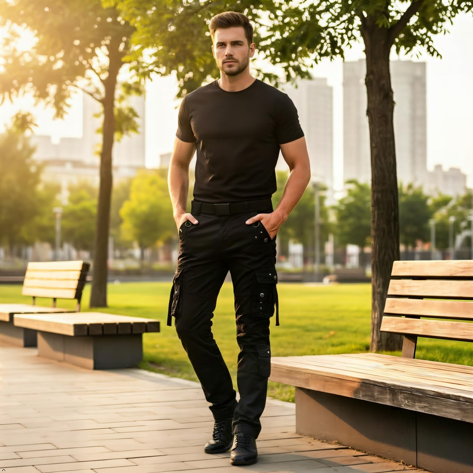 Aeslech Pantalones cargo de algodón para hombre, casuales, holgados, para el trabajo, senderismo, viajes, con bolsillos, ajuste holgado (sin cinturón)