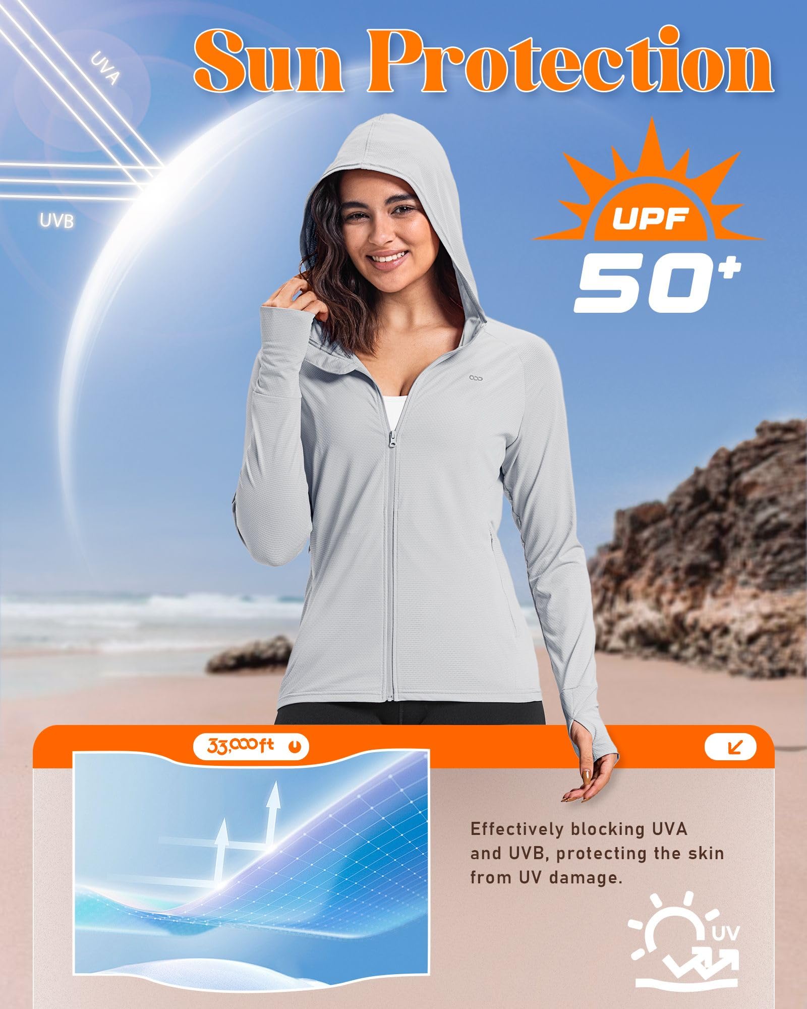33,000ft Damen Leichte Laufjacke Sportjacke UPF 50+ Hoodie Full Zip Trainingsjacke mit Daumenloch Atmungsaktive Sweatjacke mit 4 Taschen für Laufen Fitness
