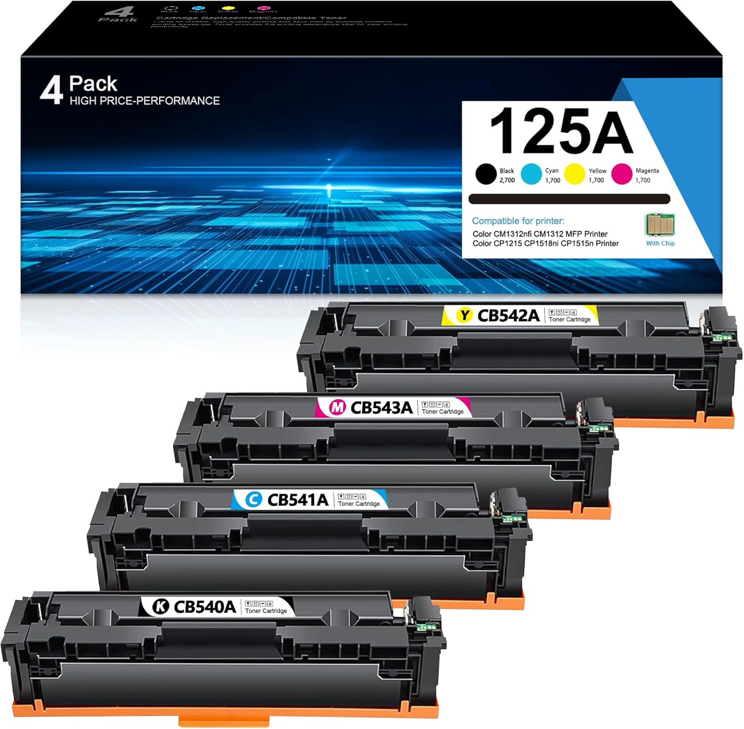 125A Toner Cartridge Set: CB540A CB541A CB542A CB543A Replacement for HP 125A High Yield Toner Cartridge for Color MFP CM1312 CM1312nfi Pro CP1215 CP1518ni CP1515n Series Printer Ink (4-Pack, B/C/Y/M)