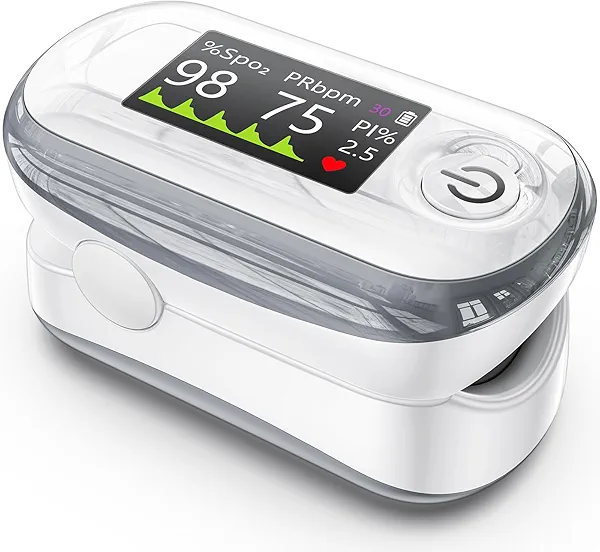 Alecaremed Pulse Oximeter, 4 Color TFT Display Oxygen Monitor Fingertip with 20 × Memory, Blood Oxygen Saturation Monitor (SpO2) with Alarm, Batteries and Lanyard (White)