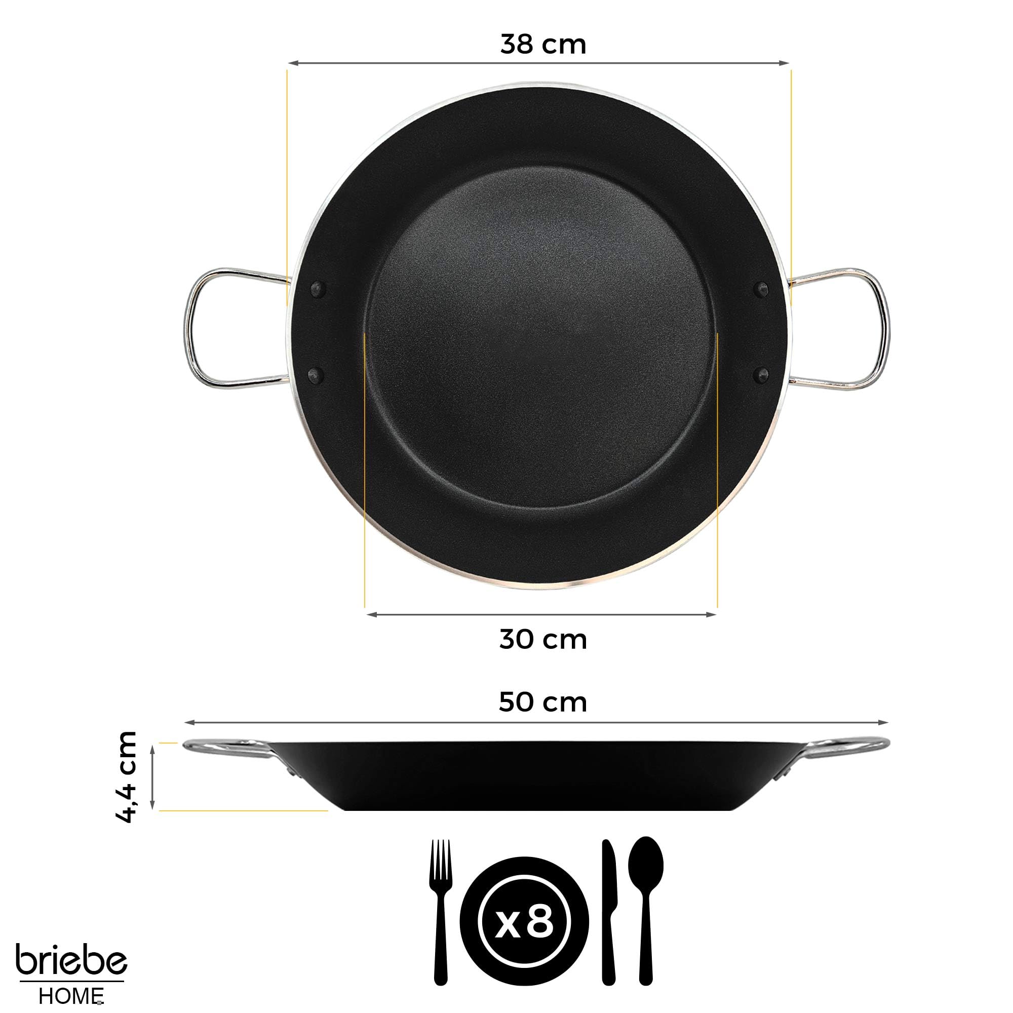briebe Zafrán Paellera Inducción 38 cm, 7-8 Raciones de Paella, Antiadherente ILAG Ecológico sin PFOA, 3 mm Espesor, Aluminio Prensado, Apta Todas las Cocinas, Vitrocerámica, Gas, Horno