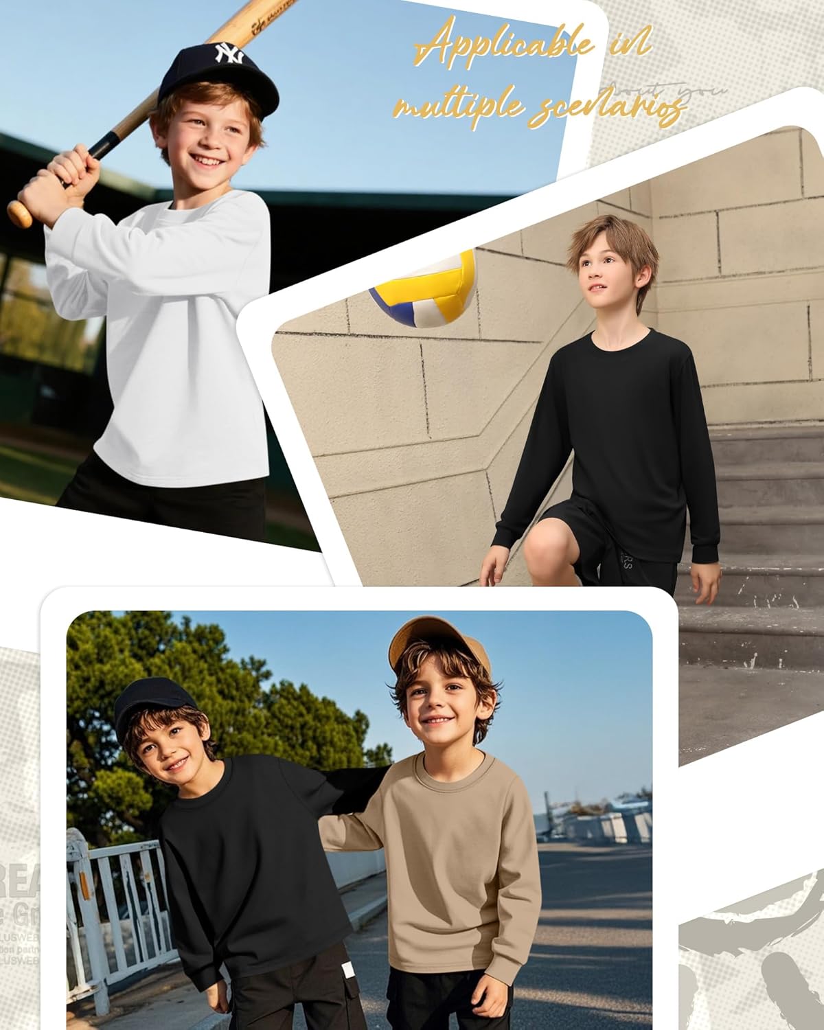 3 Pack Long Sleeve Shirts for Boy Crewneck Youth Undershirts Loose Kids Tops Winter Fall Basic Tee Pullover