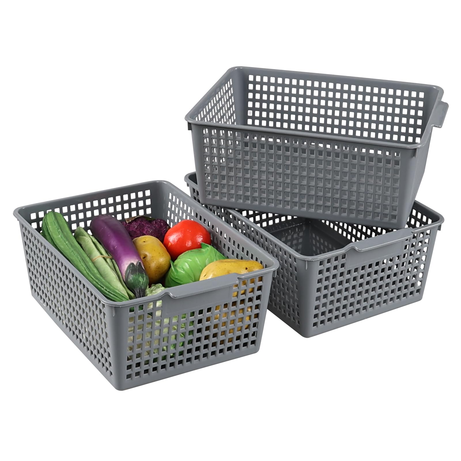 Paquete de 3 cestas grandes de plástico para organizar, cestas de almacenamiento grises para armario de cocina