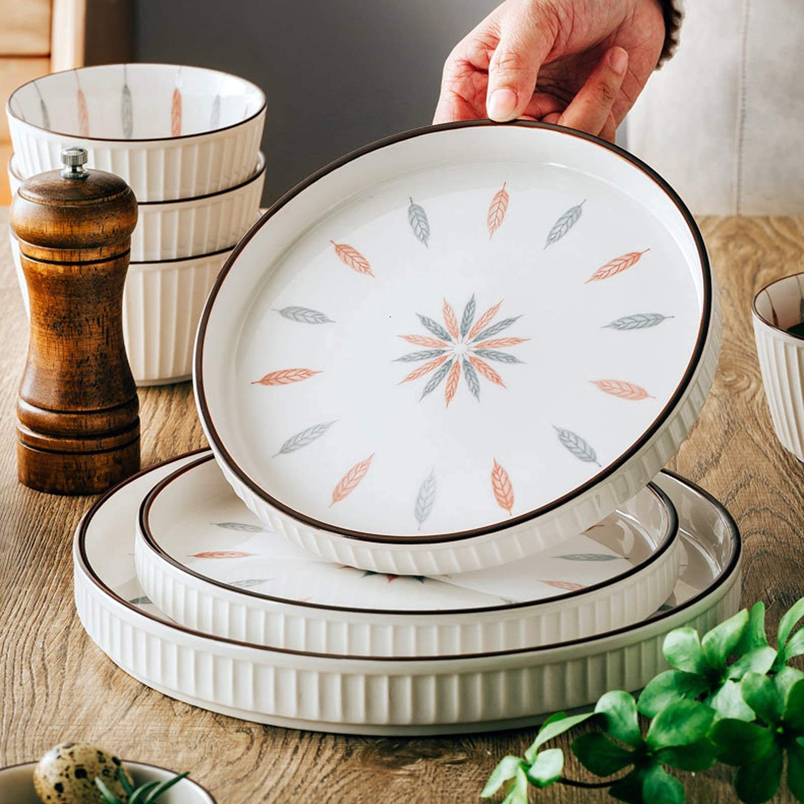Zastawa obiadowa na imprezę Zestaw zastawy kuchennej, ceramiczne zestawy obiadowe, 54 sztuki Pionowe linie Miska na płatki zbożowe i zestaw talerzy do steków