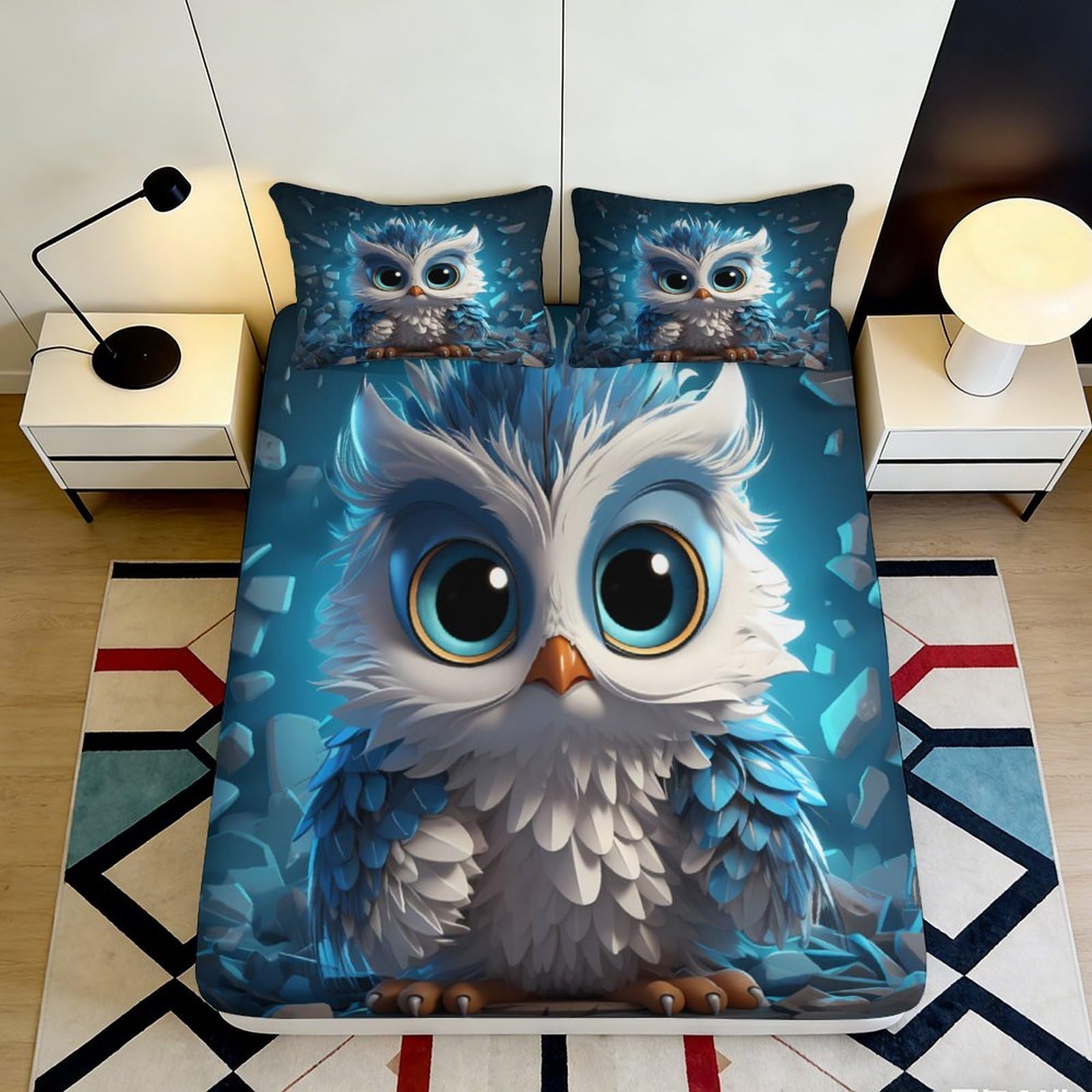 3D Printed Blue Owl Cartoon Fitted Sheet Microfiber Anti-Slip Mattress Cover Bedroom Dorm Easy Care Decorative 200x200x25cm