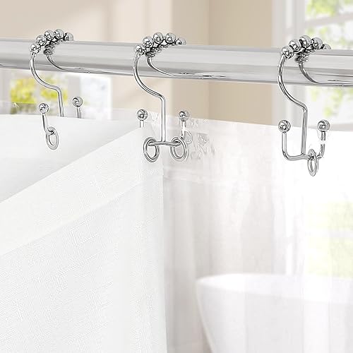 Miniatura 4 de MitoVilla Juego de cortinas de ducha 3 en 1, cortina de baño con textura de lino bohemio blanco y forro de PEVA transparente con 12 ganchos de acero