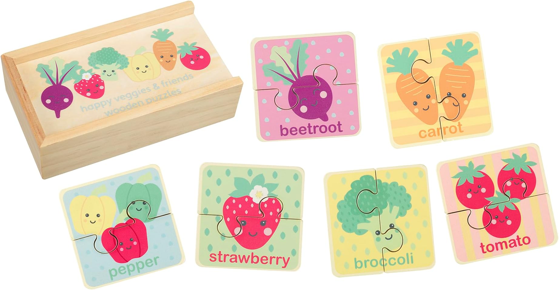 Happy Veggies 6x Mini Wooden Puzzles - My First Puzzles, Jigsaw Puzzle Games with Sea life Animal - Educational Toys For 1 Year Old + Toddler, Montessori Early Development Toys by Orange Tree Toys