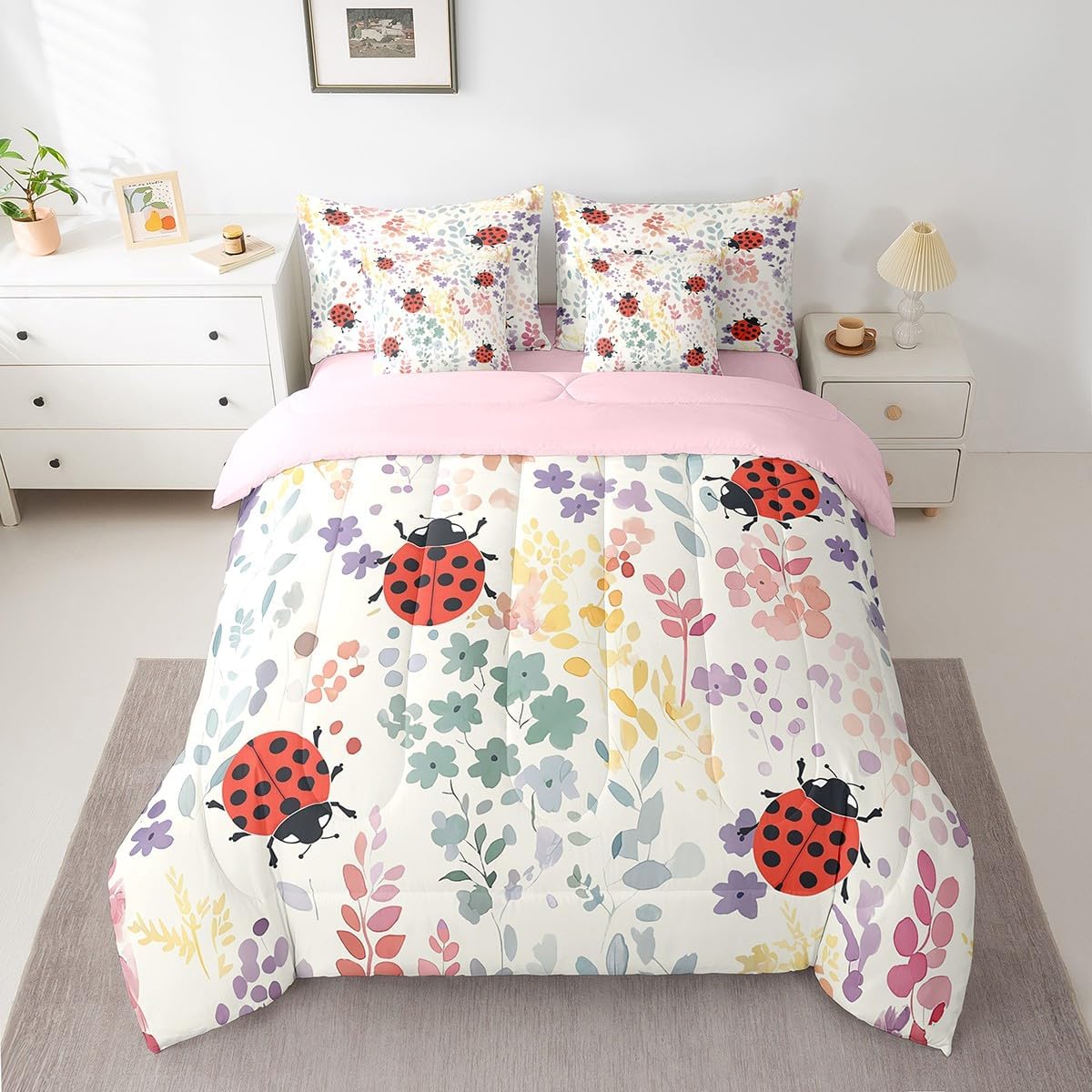 Erosebridal 7 Piece Kids Ladybug Twin Bedding Set,Cute Reptile Ladybug Bed Set with Sheets,Colorful Floral Bed in a Bag Nature Country Flower Bed Comforter Set with Fitted+Flat Sheet+Pillowcases