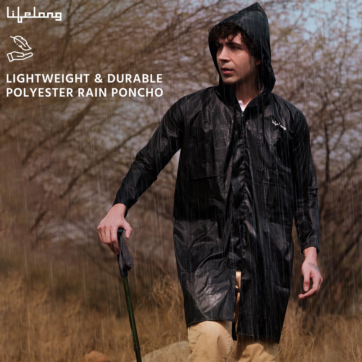 Lifelong Men Polyester Waterproof Knee Length Longcoat / Raincoat with Adjustable Hood and Carry Pouch | Durable &amp; Lightweight Polyester |