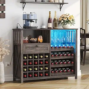 DWVO 47" Wine Bar Cabinet with LED Lights and Power Outlets, Modern Liquor Cabinet with Storage and Drawer, Bar Table with Wine Rack for Kitchen Dining Living Room, Rustic Oak