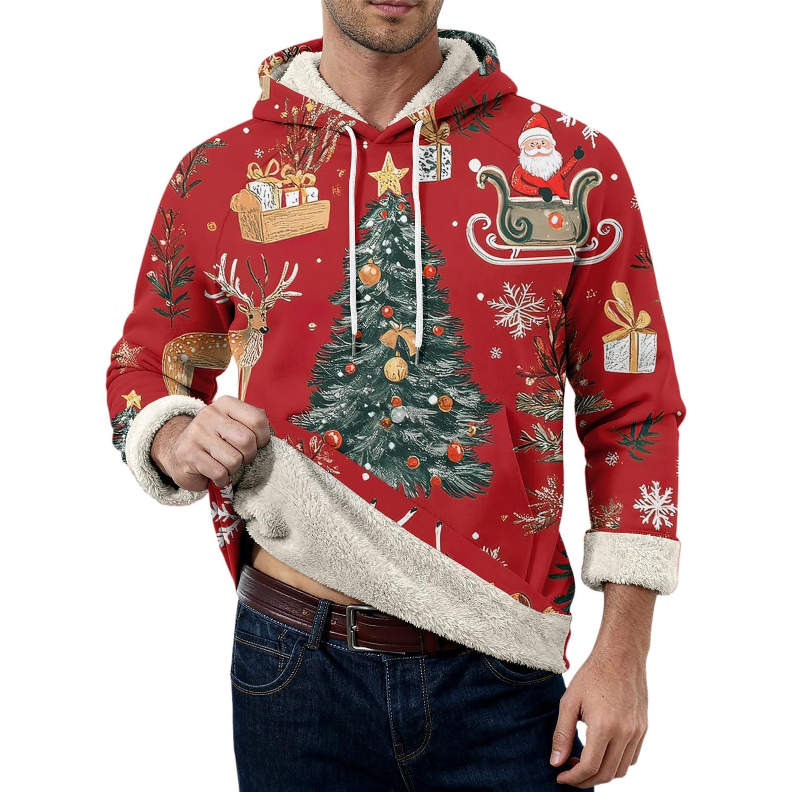 Sudadera con capucha de Navidad con forro polar para hombre, divertido Papá Noel, árbol de Navidad, sudaderas de manga larga, cálidas, disfraces de Navidad