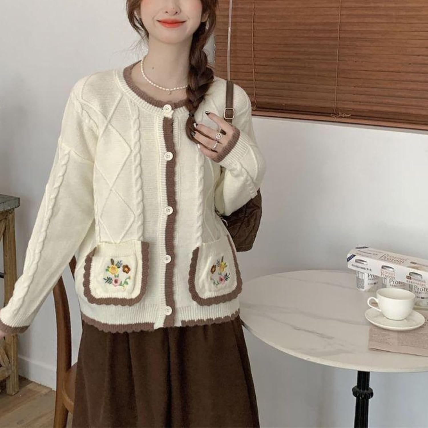 Chevara Women’s Floral Embroidered Knit Cardigan Crew Neck Long Sleeve Trendy Sweater Cardigan with Pocket - Image 3