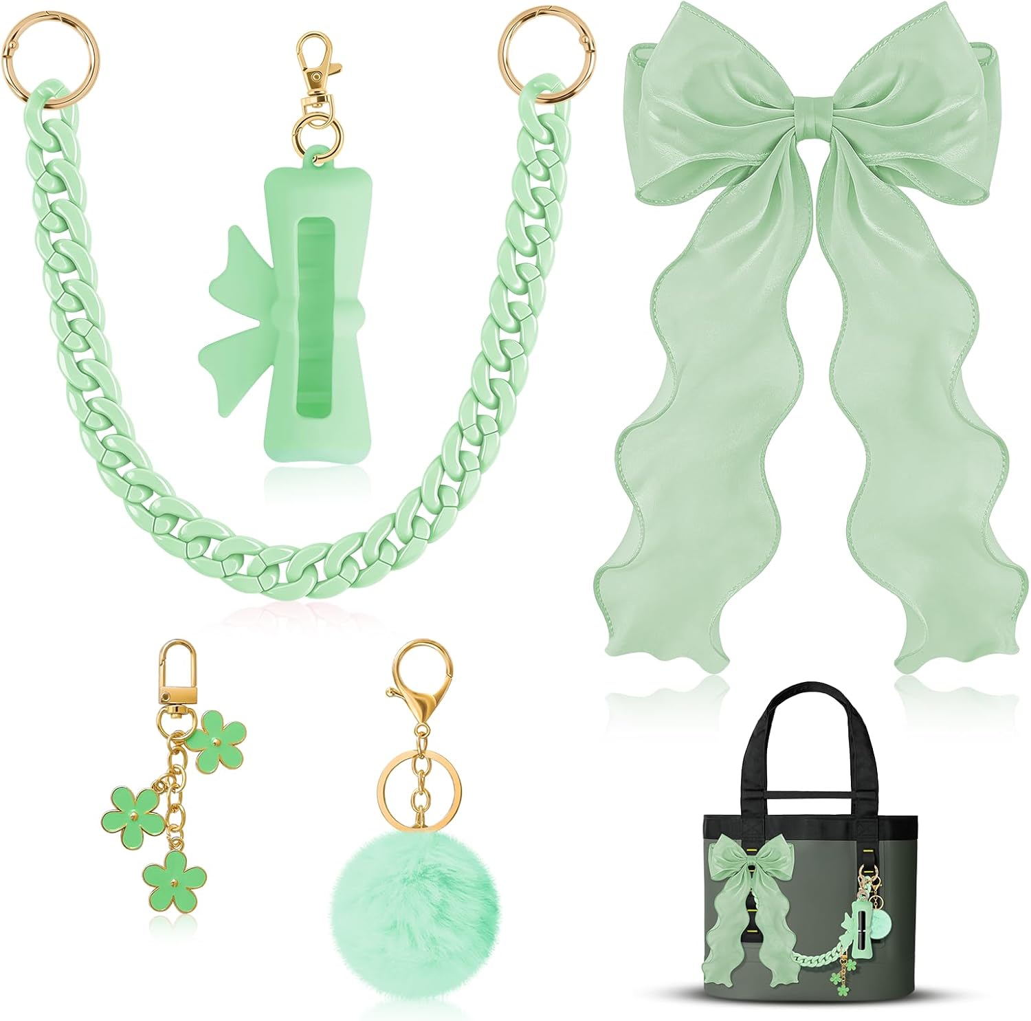 5PCS Tote Bag Decor Kit, Decorative Bow, Bow Lipstick Holder, Flower Charm & Acrylic Chain & Pom Pom Ball Bag Charms Compatible with YETI Camino 20/35/50 Carryall, Bogg Bag Accessories for Women