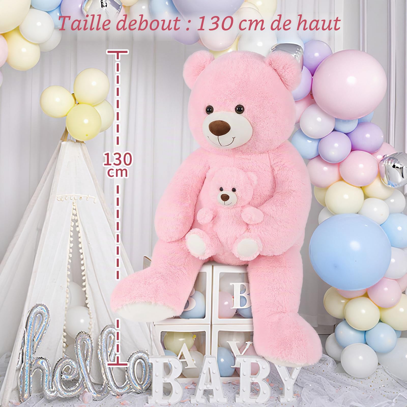 MorisMos XXL 130cm Ours en Peluche Geant, Rose Nounours Géante Mom avec Petit Bébé, Mignonne Douce Grosse Peluche, Grand Teddy Bear Cadeau pour Enfants Anniversaire Noël Deco