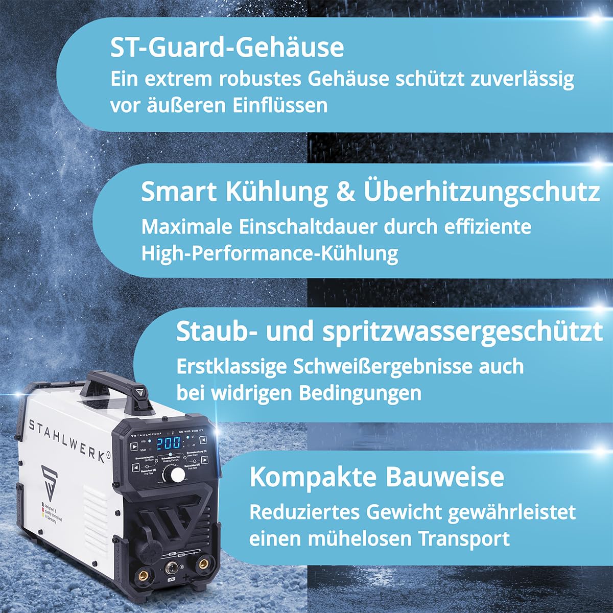 STAHLWERK Schweißgerät 2-in-1 Kombi DC WIG 200 ST – Vollausstattung – WIG & MMA-Funktion (E-Hand/ARC) bis 200A, HF-Zündung, Hotstart, Anti-Stick, Stahl, Edelstahl, Kupfer, Messing, kein Alu