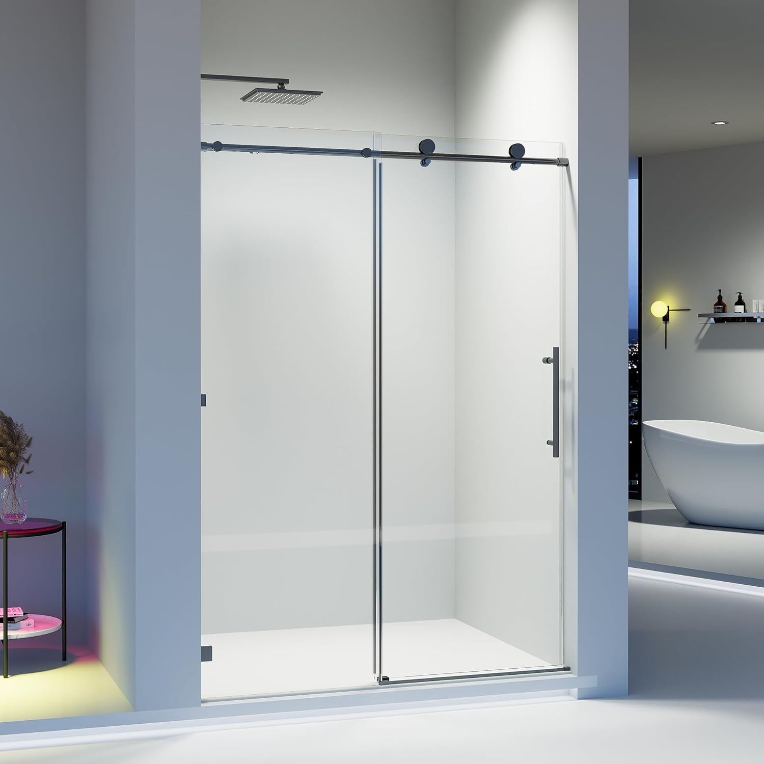50-54" W X 76" H Frameless Single Sliding Shower Door, 5/16"(8mm) Thick SGCC Tempered Glass, Slow Close Design, Stainless Steel Handle, Shower Glass Door, Matte Black Matte Black-4 54"W x 76"H