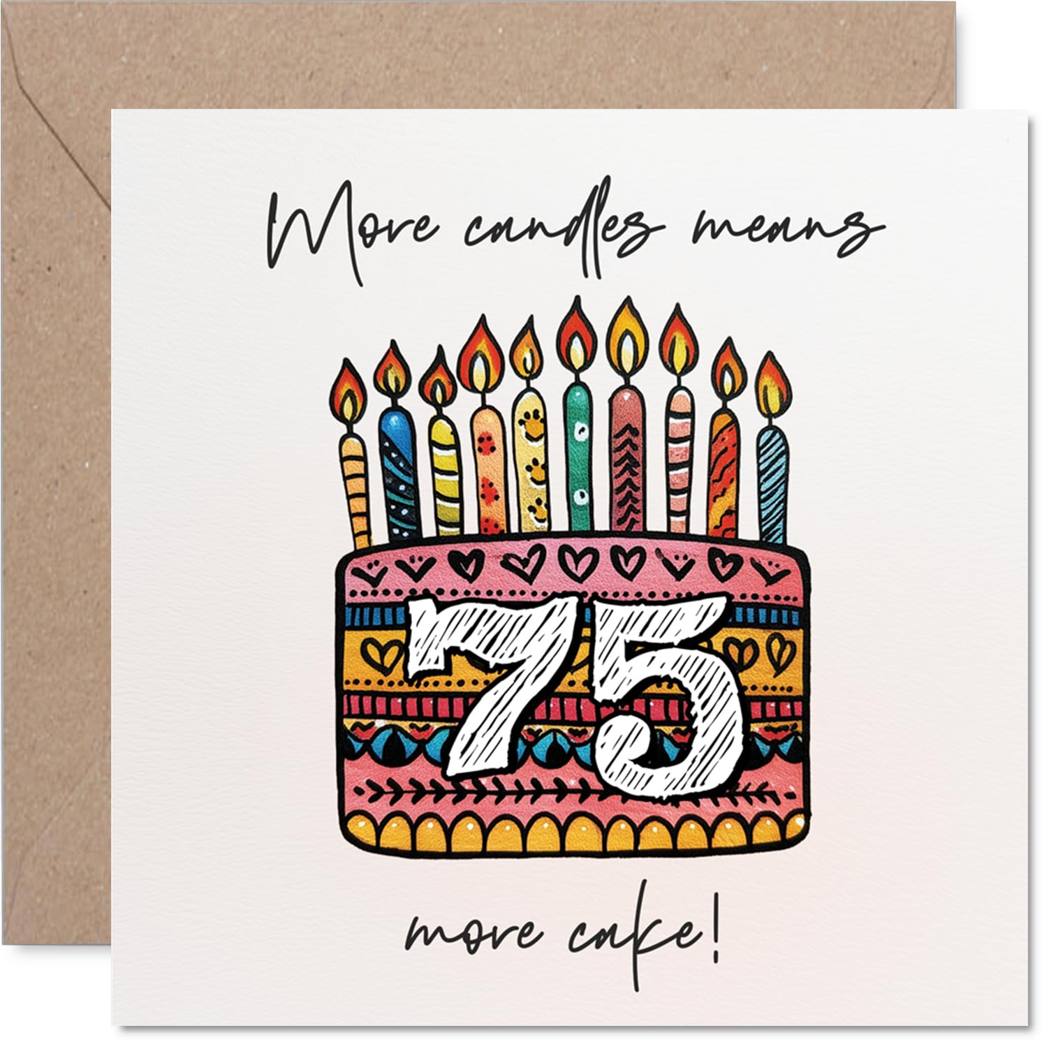 Funny 75th Birthday Card - More Candles, More Cake! - Colourful Cake and Candles Motif with Vibrant Design - 145mm Square, Envelope Included