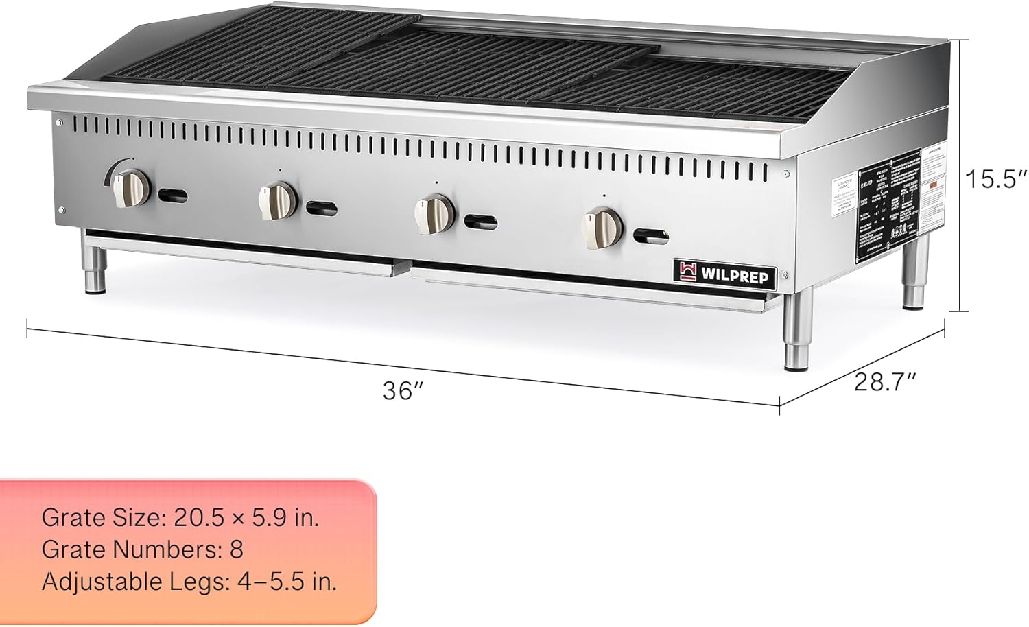 WILPREP Gas Countertop Radiant Charbroiler, 48 in Commercial Radiant Charbroiler with 4 35000 BTU U-Shaped Burners & 8 Cast Iron Grates, NG LPG Compatible Gas Charbroiler for Home Commercial Kitchen