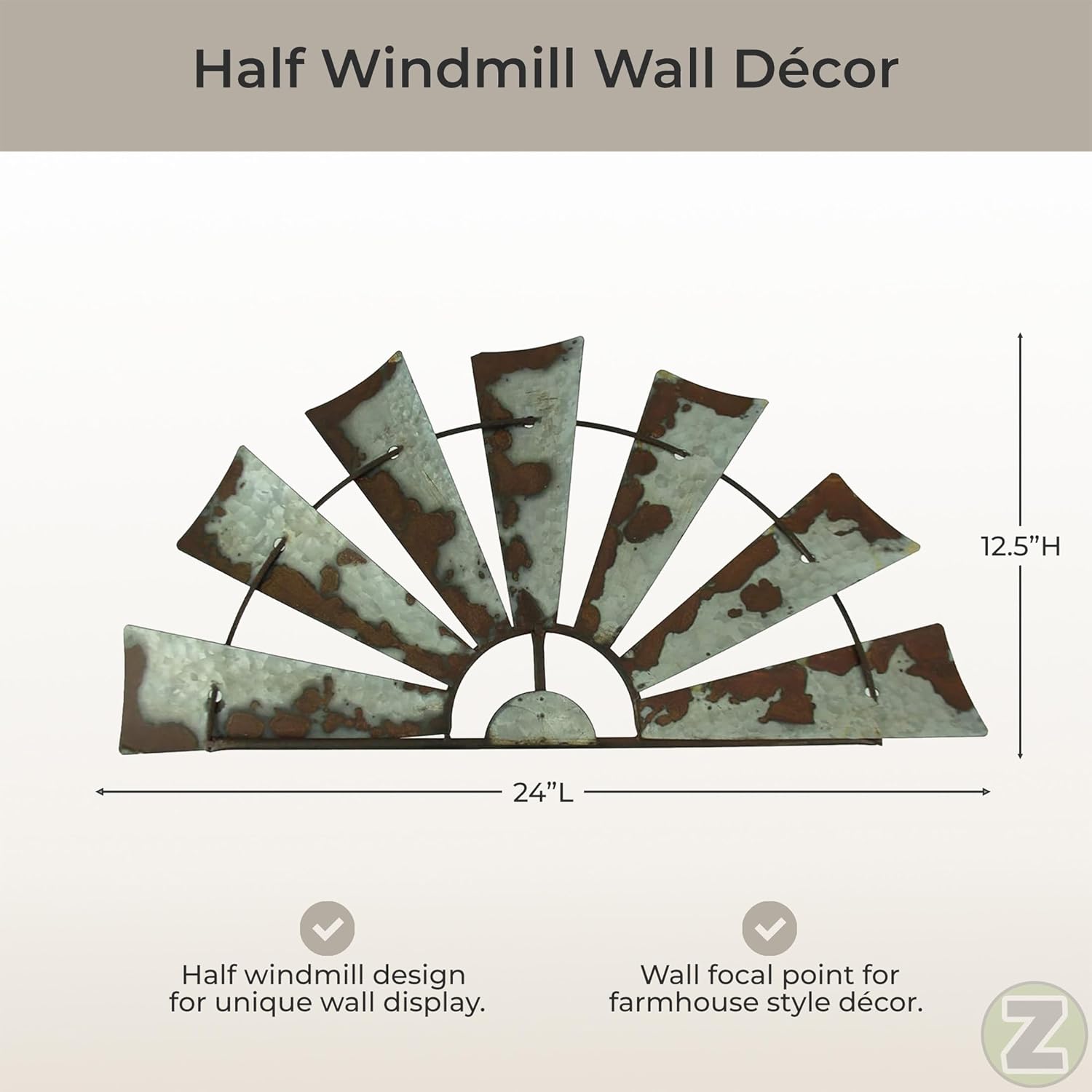 Zeckos Vintage Weathered Galvanized Metal Half Windmill Wall Sculpture: Rustic Farmhouse Charm for Living Rooms, Bedrooms and Country Kitchens, 24 Inches Long