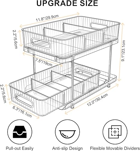 Miniatura 2 de Fowooyeen Paquete de 2 organizadores de gabinete de baño, organizadores y almacenamiento extraíbles de 2 niveles para debajo del fregadero,