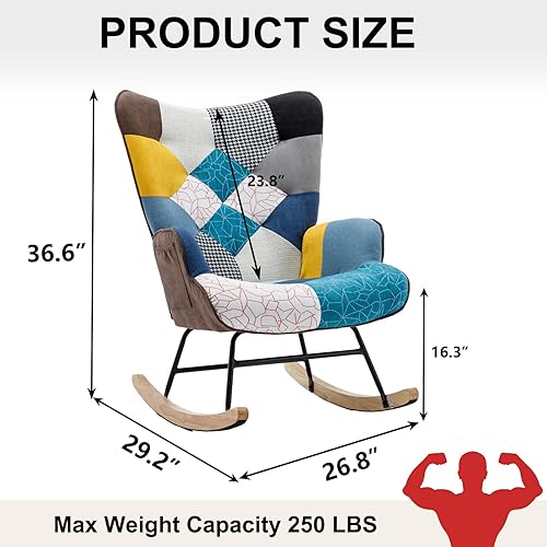 Miniatura 2 de Mecedoras para guardería, silla mecedora tapizada con respaldo alto, silla mecedora de tela de lino de algodón para mamá y bebé (azul)