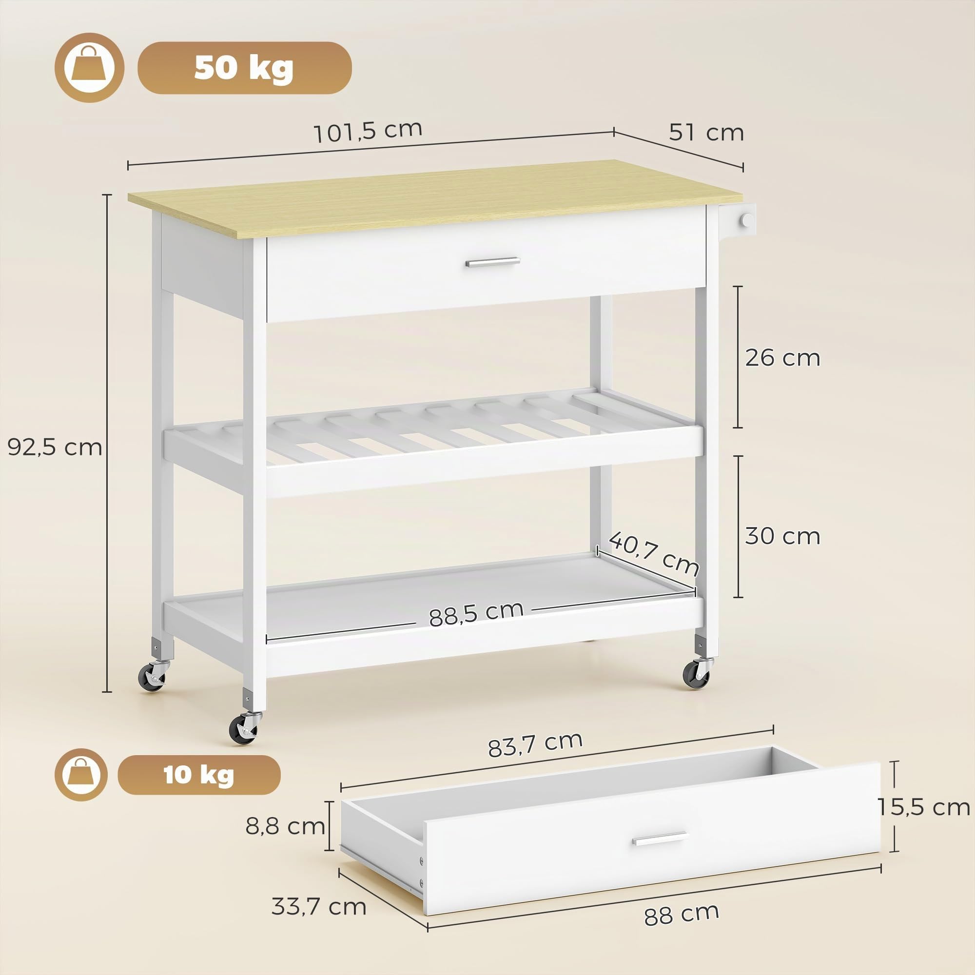 HOMCOM Desserte de Cuisine à roulettes Tiroir 108,8 x 51 x 92,5 cm Blanc