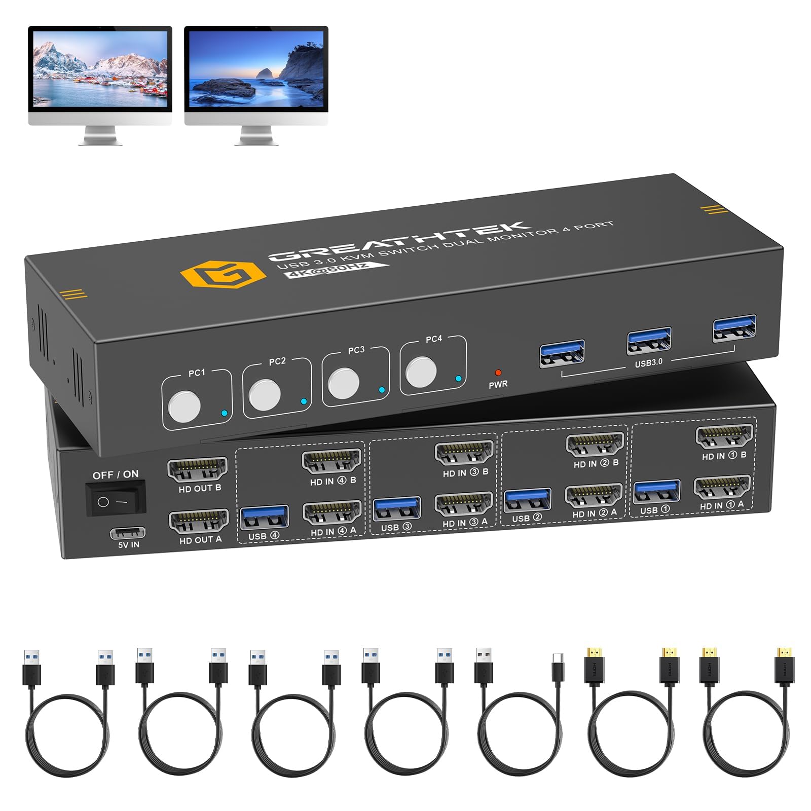 hdmi kvm switch 4 computers 2 monitors 4 port dual monitors kvm switcher | 4k@60hz |with 3 usb3.0 ports for 4 pc/laptop/desktops sharing keyboard and mouse|edid adapative