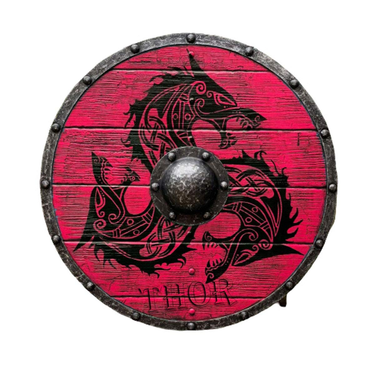 中世 LARP Warrior Wood \u0026 Steel バイキング ラウンド ドラゴン シールド ハロウィン グレー, グ Battleworn  Viking LARP, image size:1200x1188