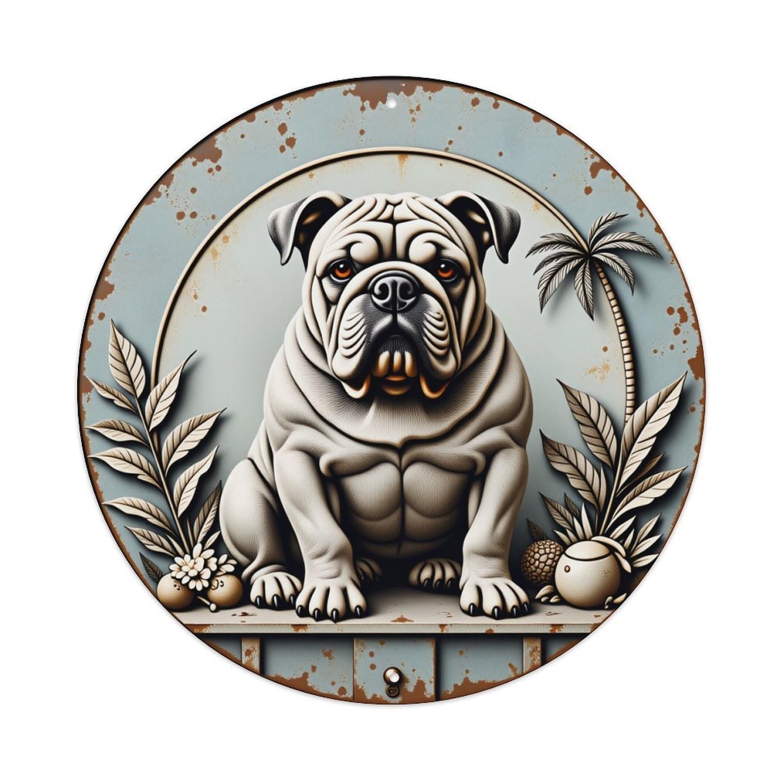 Bulldog Palm Leaves Acorns Pinecone Round Tin Sign Vintage Style Metal Sign Home Bar Garden Wall Plaque Decor Metal Poster 8x8 Inch