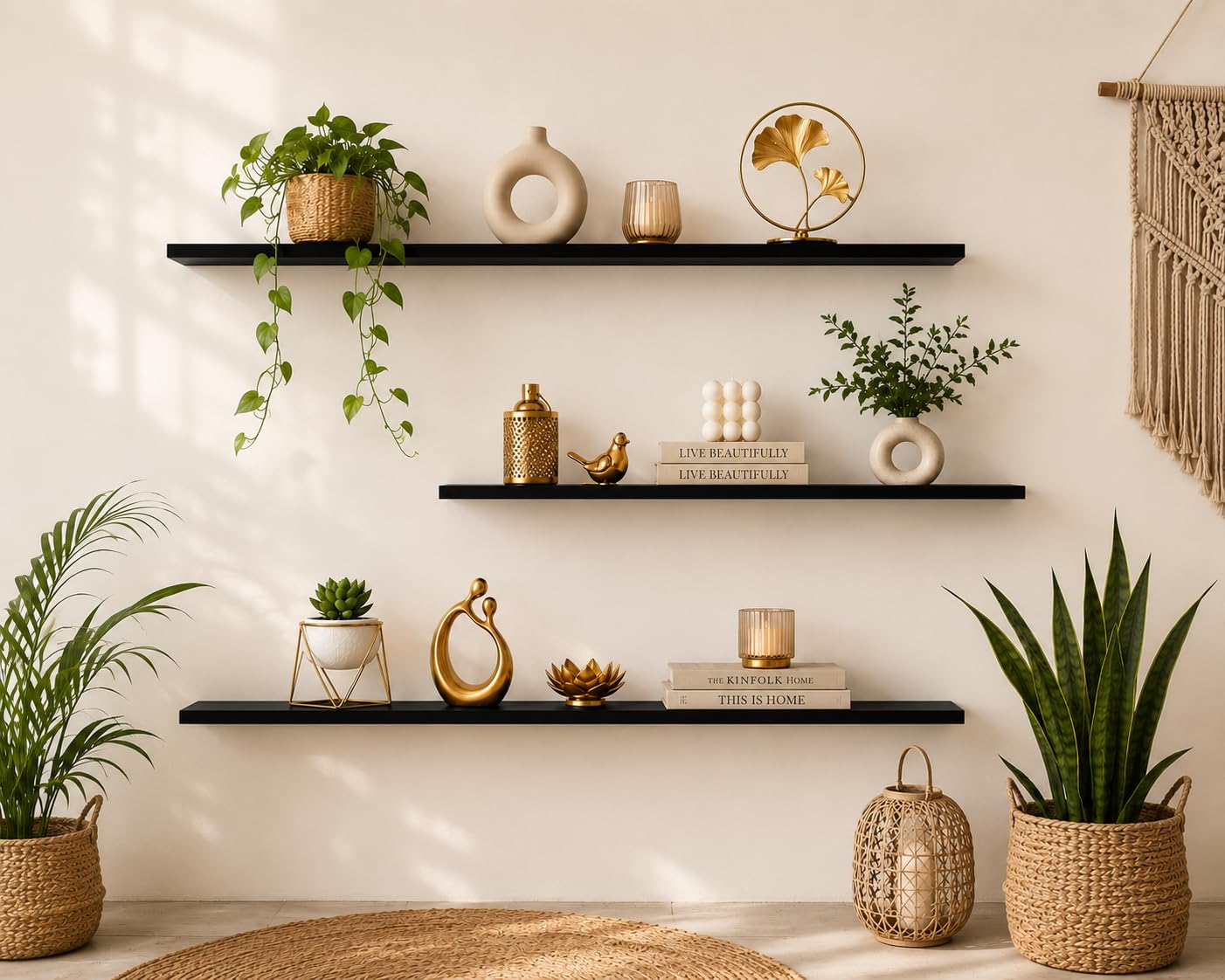 Multipurpose Black Wall Floating Shelves (Set of 3) | Modern Wall Mounted Display Shelves for Living Room, Bedroom, Kitchen, Office & Home Décor-image-9