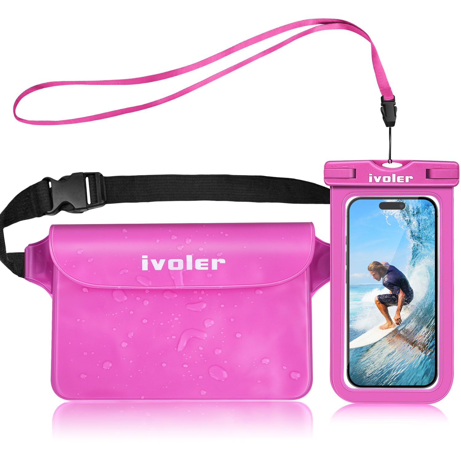 iVoler Kit Impermeabile con Borsa Marsupio e Custodia Smartphone IPX8 per Sport Acquatici Pesca Vela Sci Mare Escursione, Protezione per Cellulare Portafoglio Documenti - Rosa Magenta