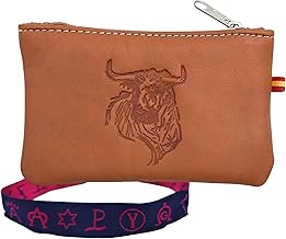 Leather Coin Purse with the Colors of the Bandea of Spain. Handmade Spanish Purse. Includes Keychain and Bracelet of Spain., Blue Bull 2, Classic
