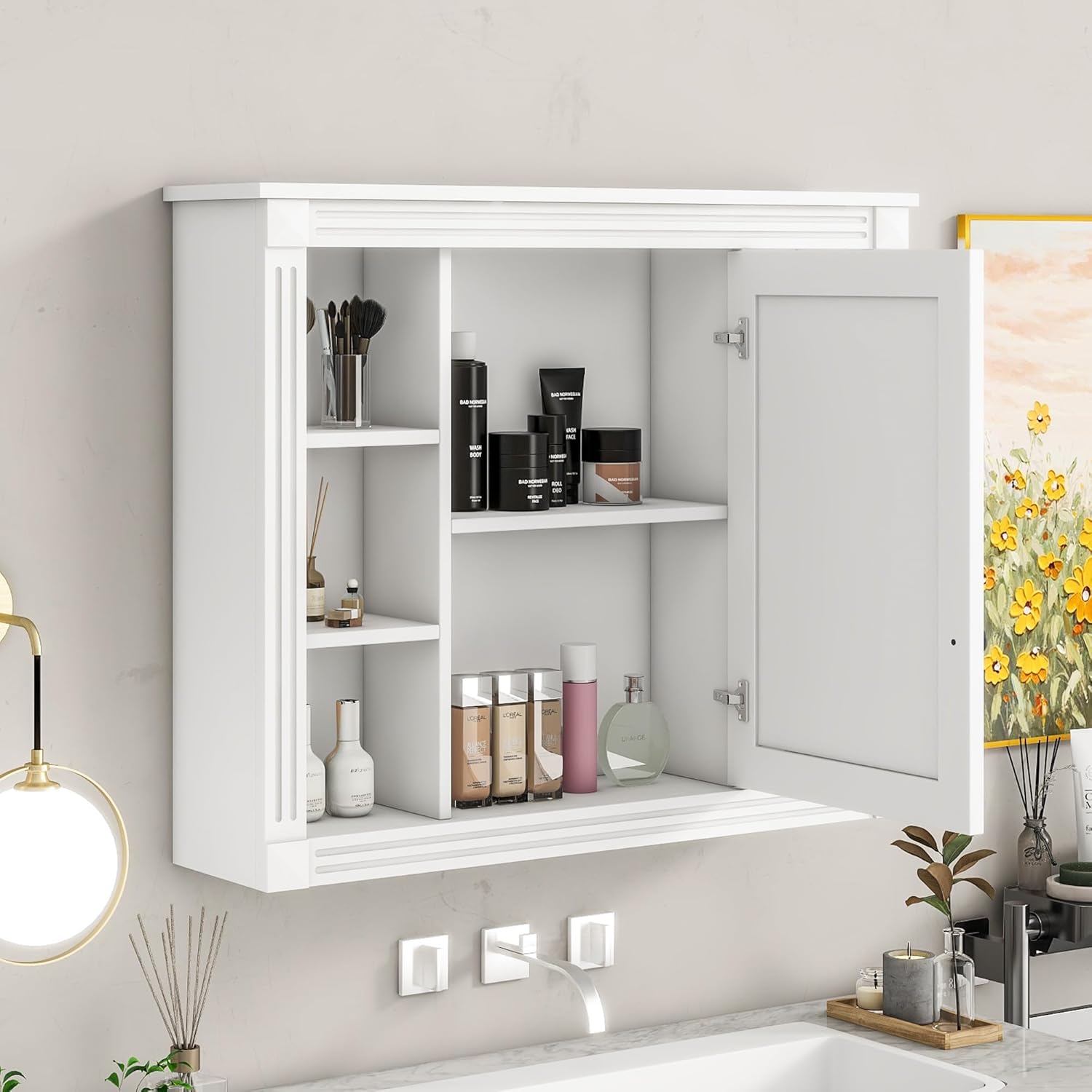 Wall Mounted Bathroom Storage Cabinet, Modern Bathroom Wall Cabinet with Mirror 35" L x 7.1" W x 28.7" H White