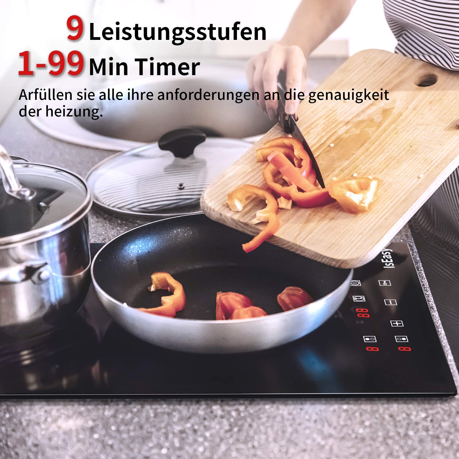 Table de Cuisson Vitrocéramique 2 Feux Encastrable 3000W, 9 Niveaux de Chauffage, Commande Tactile & Minuterie,Double Zone de Cuisson 29.5 cm, Idéale pour Cuisine Moderne - 4