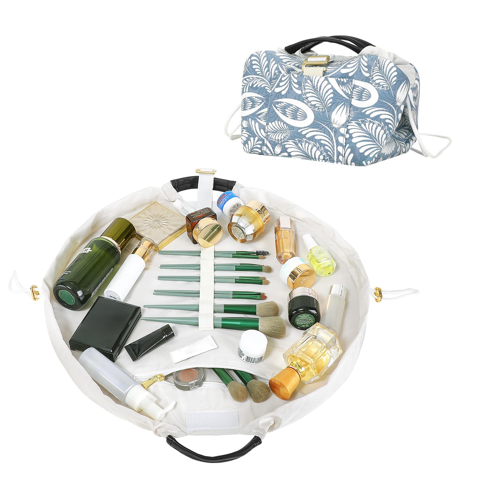 Vomgomfom 20 inch Drawstring Makeup Bag Open Flat,Waterproof Magic Cosmetic Pouch for Women,Vintage Leaves