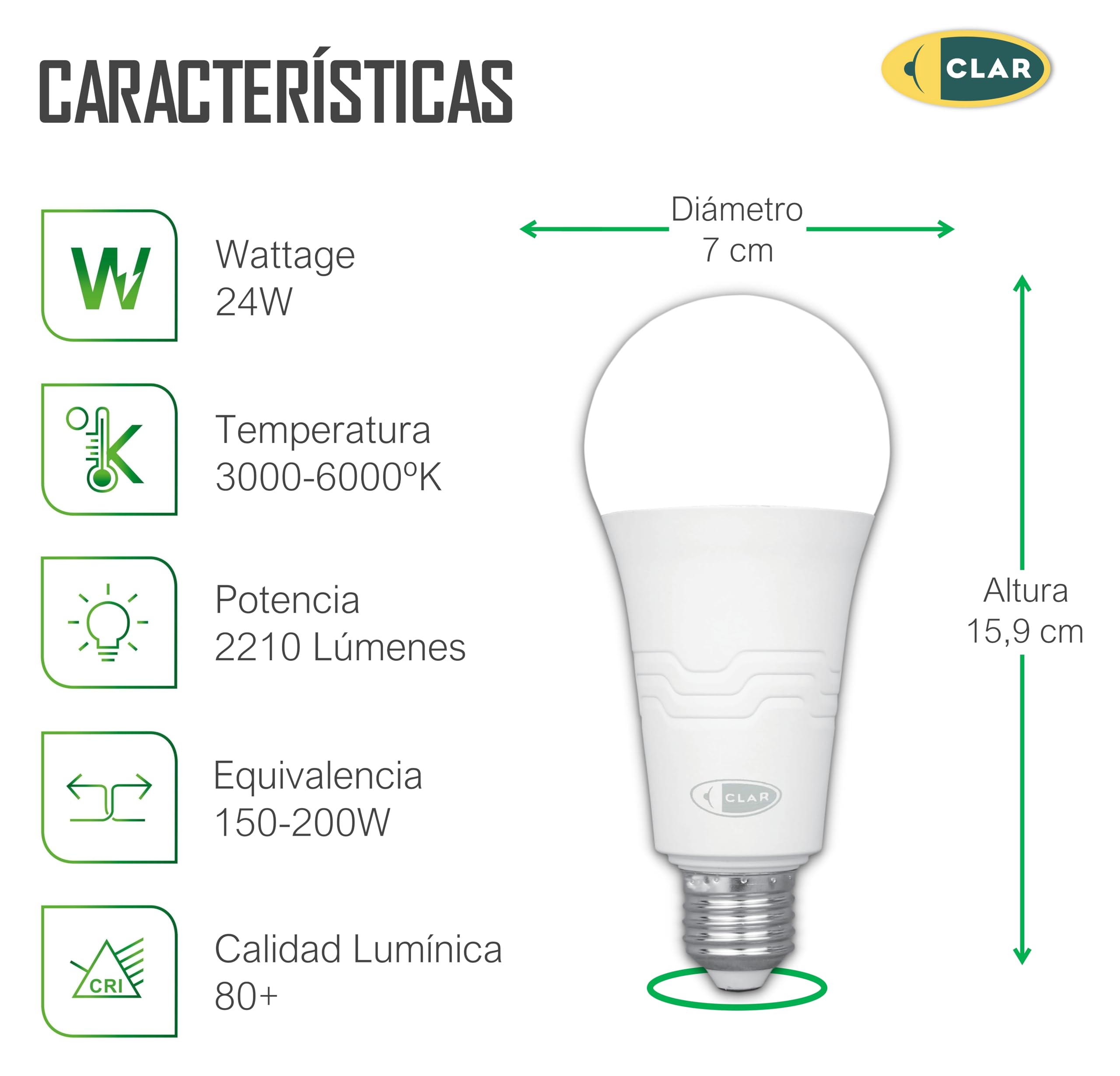 CLAR - Bombilla LED (Blanco Cálido (3000ºk), 24W (Pack 20))