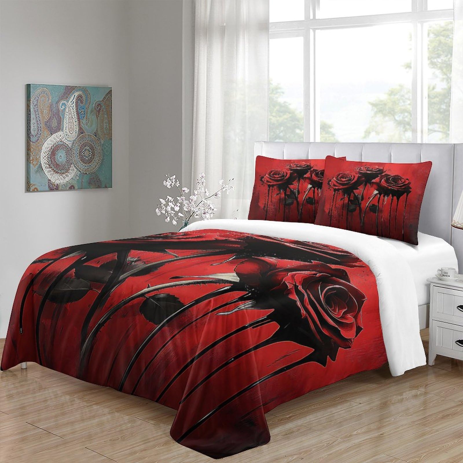 Blutige Rosen 3-teiliges Pflegeleichtes Polyester Gotische Kunst Stil Kinderbettbezugset, 2 Kissenbezug, Unsichtbarer Reißverschluss, Babysicher King（220x240cm）
