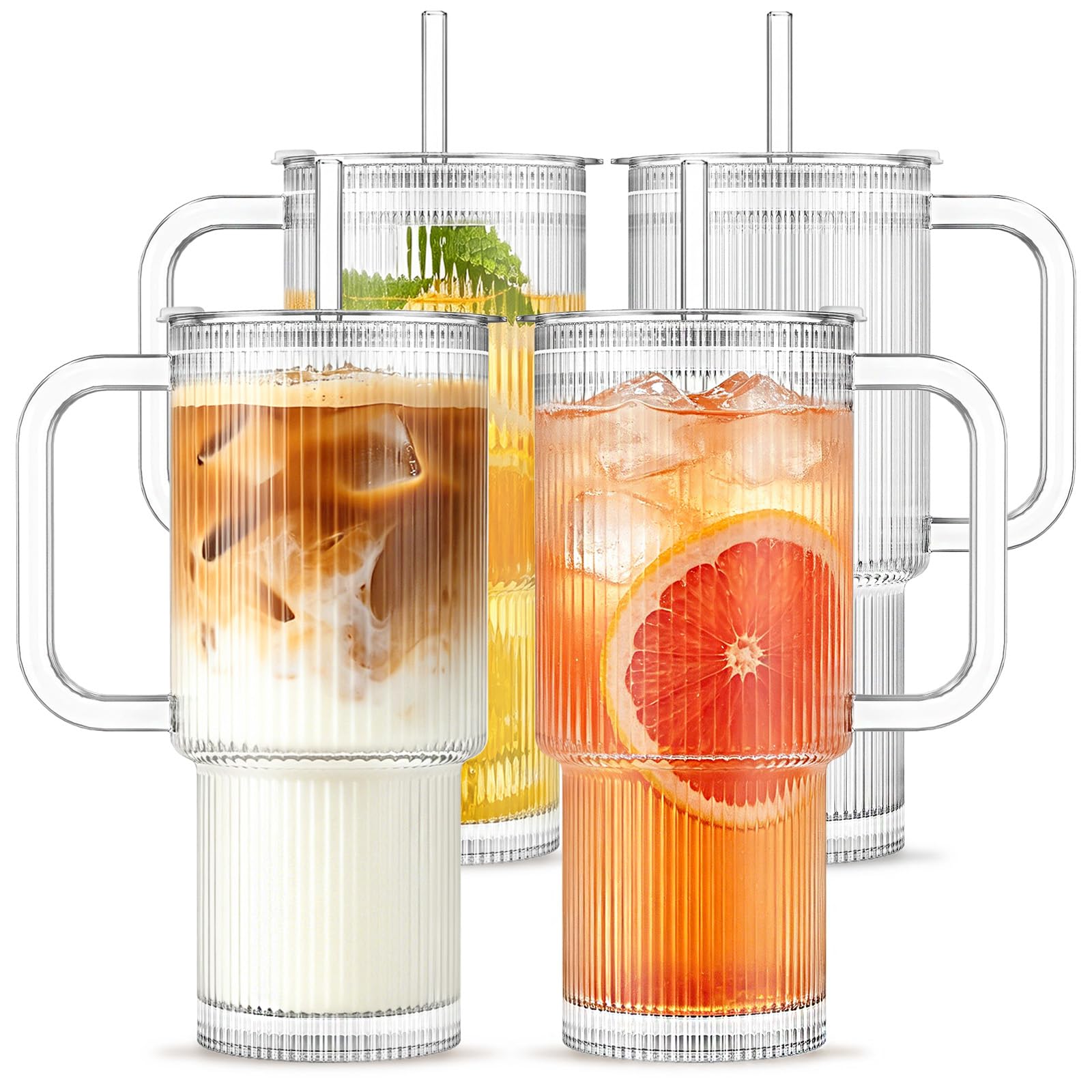 INSETLAN 750ml Ribbed Glass Cup with Lids and Straws, 4 Pieces Leakproof Glass Cup with Handle, Iced Coffee Cup Large Capacity, Clear Cup for Ice Cream Latte, Smoothie, Matcha, Cold