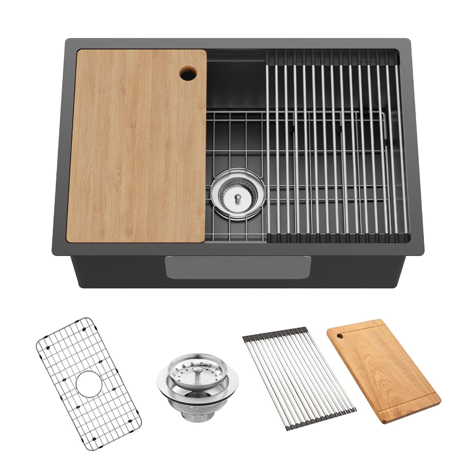 Black Kitchen Sink Workstation, 27x18 In Stainless Steel Drop In Kitchen Sink Modern Undermount Single Bowl Kitchen Sink Accessory Combo-SS Grid,