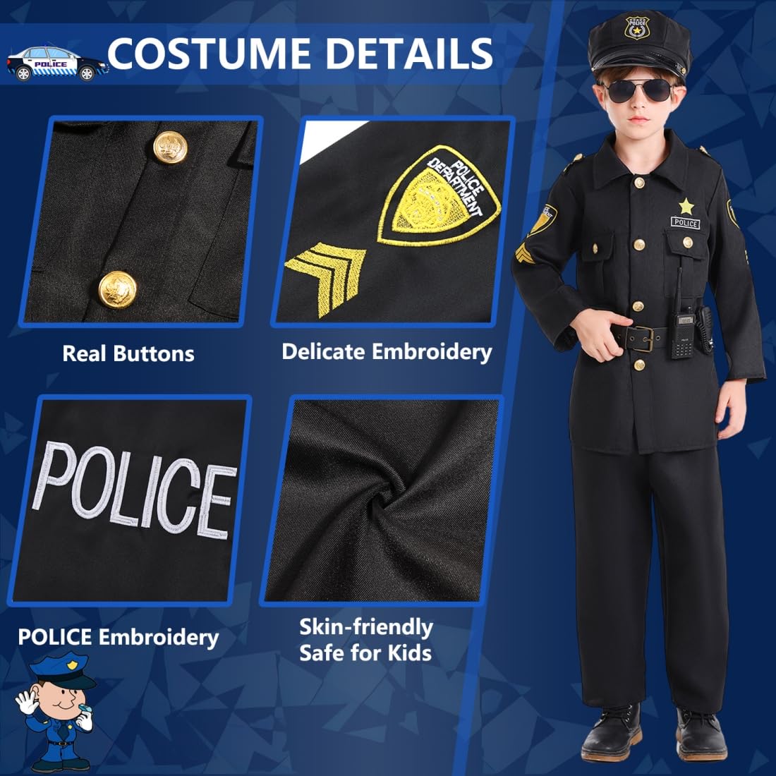 Costume da polizia, per bambini, costume da polizia, per cosplay, con accessori, costume di carnevale, uniforme con equipaggiamento di polizia, berretto, manette, occhiali da sole per carnevale,