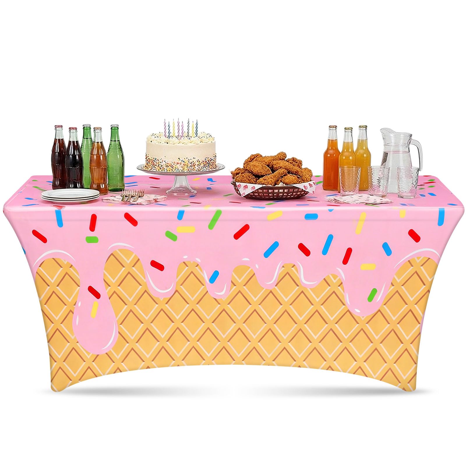 Moukeren Ice Cream Spandex Tablecloth Party Decorations 6ft Ice Cream Drip Baseball Table Cover Washable Wrinkle Resistant Stretch Rectangular Patio Tablecloth for Birthday Indoor Kitchen Decor